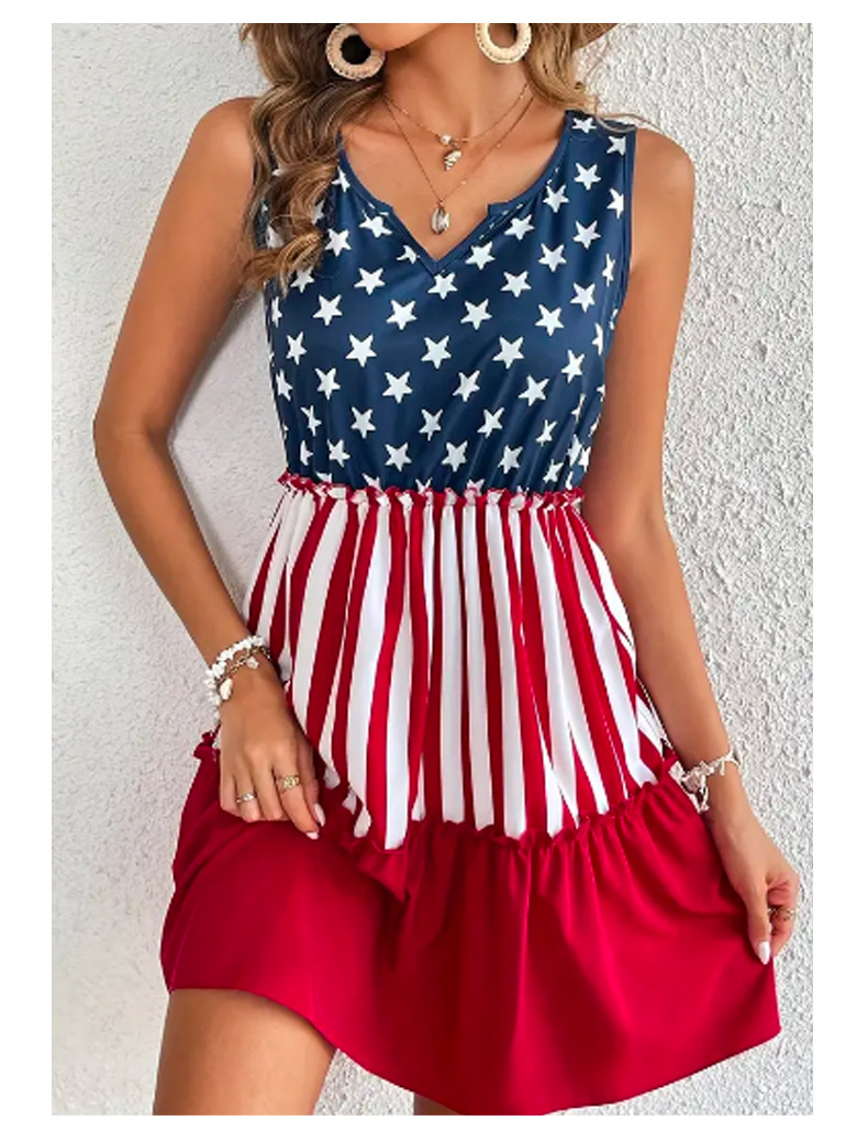 American Flag Sleeveless Mini Dress - Elegant V-neck Ruffled Hem Short Skirt